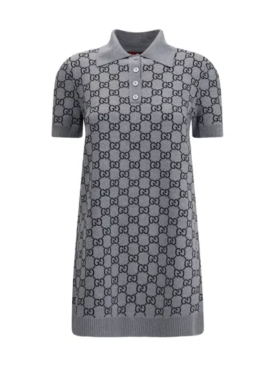 Gucci Gg Wool Dress With Ribbed Profiles In Gray