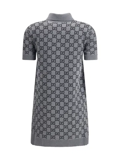 Gucci Gg Wool Dress With Ribbed Profiles In Gray