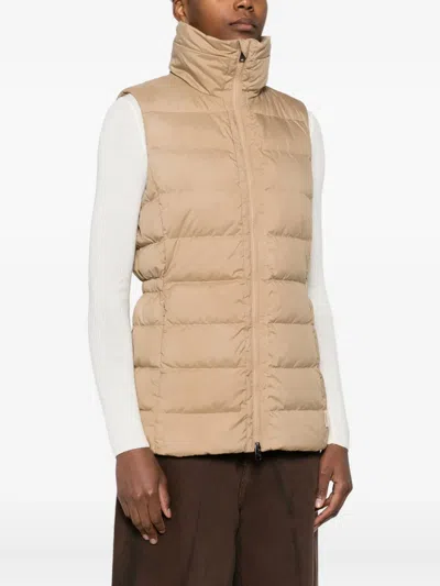 Woolrich Quilted Beige Jacket With High Stand Collar In Neutral