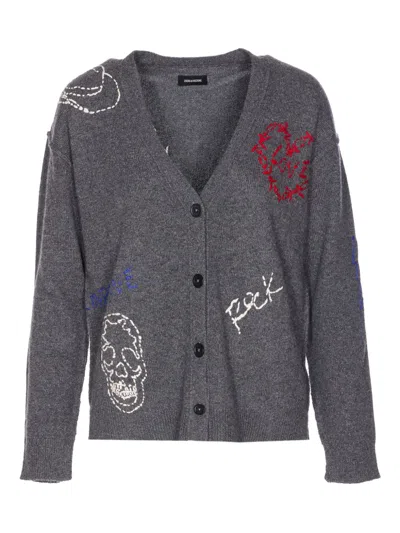 Zadig & Voltaire Mirkaz West Graph Embroidered Cashmere Cardigan In Gray