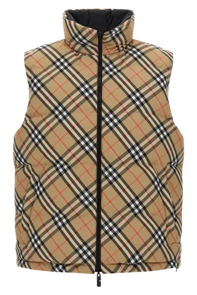 Burberry Beige Sleeveless Reversible Down Jacket With High Neck And All-over Check Motif In Tech Fabric Man In Neutral
