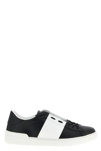 Valentino Garavani Black Leather Open Sneakers With White Band In Multi