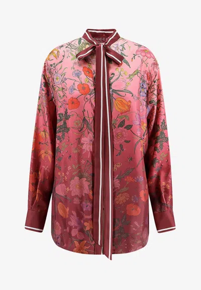 Gucci Bordeaux Shirt With Collar With Bow And All-over Flora Print In Silk Woman In Multi
