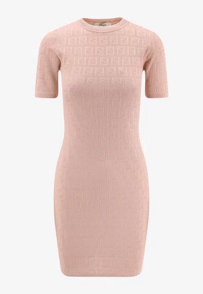 Fendi Ff Jacquard Knitted Mini Dress In Pink