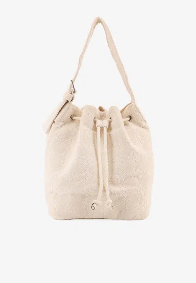 Tory Burch Large T Monogram Terry Canvas Bucket Bag In White