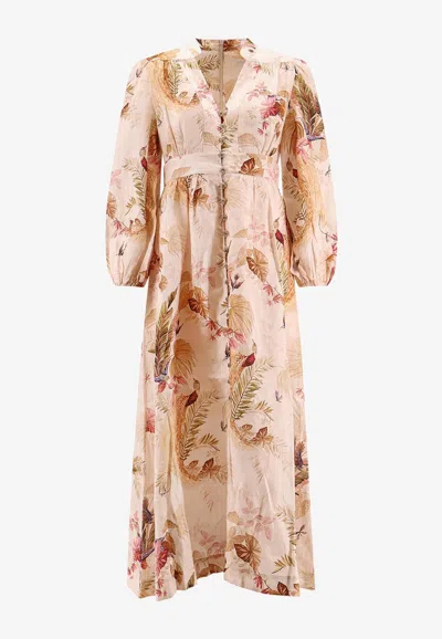 Zimmermann Ascension Linen Plunge Midi Dress In Neutral