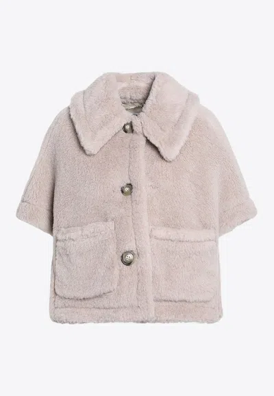 Max Mara Sand-coloured Cape In Alpaca And Wool Teddy In Pink