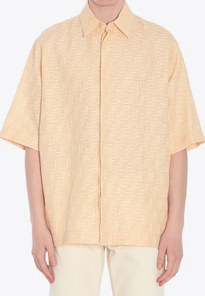 Fendi Men Yellow Shirt With Wide Short Sleeves And All-over Ff Motif In Linen Blend Man In Neutral
