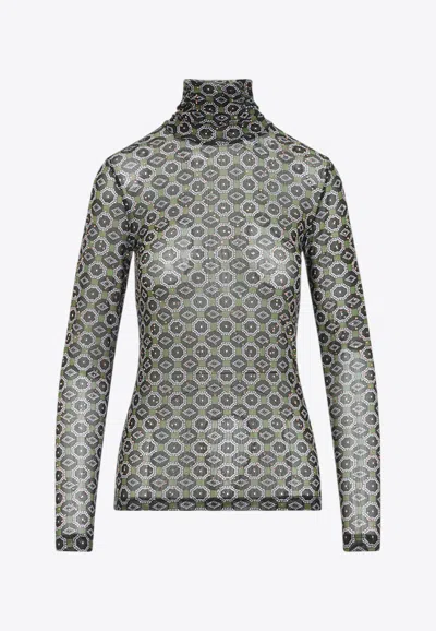 Dries Van Noten Geometric Pattern Turtleneck Long Sleeve Sweater In Gray
