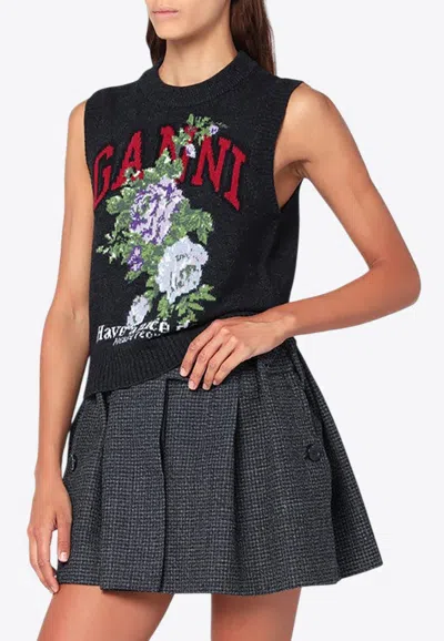 Ganni Flowers Grey Vest In Black