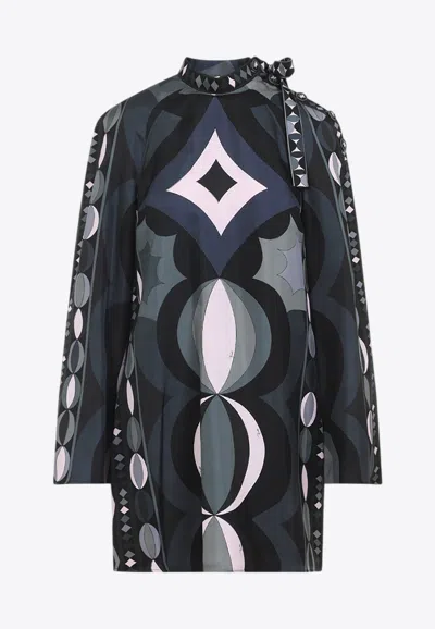 Pucci Geometric Pattern Long Sleeve High Neck Dress In Black
