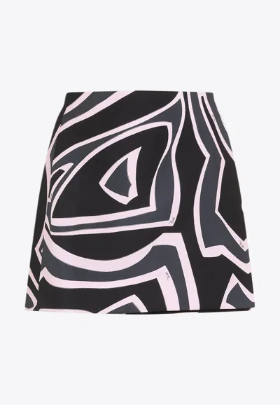 Pucci Wrap Mini Skirt In Silk Twill With Marmo Print In Black