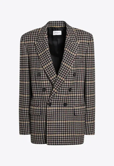 Saint Laurent Brown Double-breasted Jacket With Notched Revers And All-over Check Motif In Wool Woman In Multi