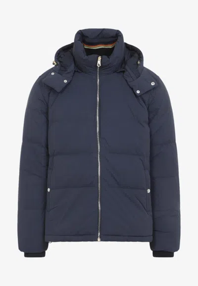 Paul Smith Padded Brown Polyamide Jacket With Detachable Hood And Ribbed Cuffs In Blue