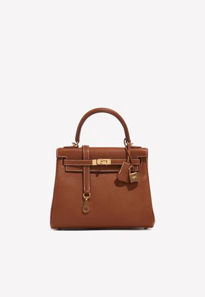 Hermes Kelly 25 In Fauve Barenia Faubourg With Gold Hardware In Fauve