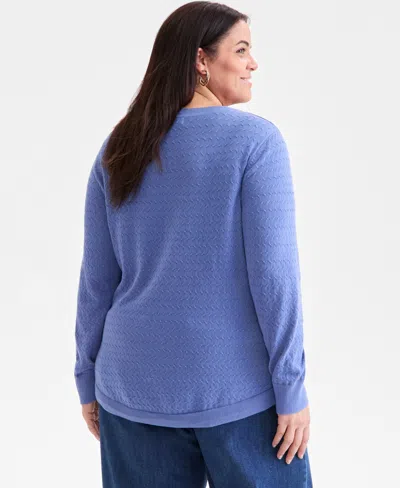 Style & Co Plus Size Cotton Color-block Crewneck Sweater, Macy's Exclusive In Blue