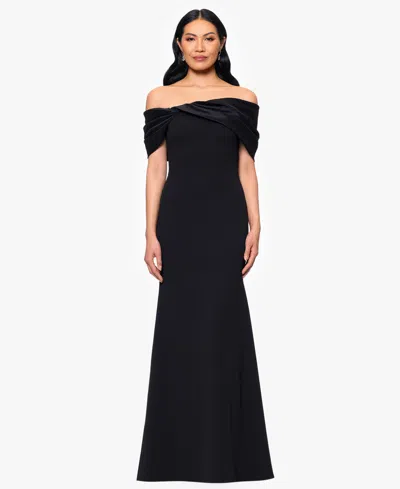 Betsy & Adam Off The Shoulder Scuba Crepe & Organza Sheath Gown In Black
