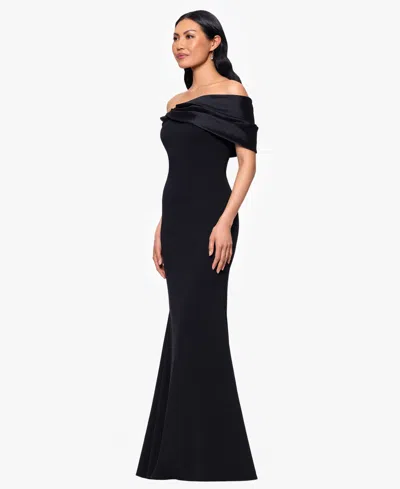 Betsy & Adam Off The Shoulder Scuba Crepe & Organza Sheath Gown In Black