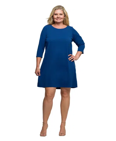 24seven Comfort Apparel Plus Size Three Quarter Sleeve A Line Knee Length Dress In Blue