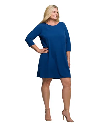 24seven Comfort Apparel Plus Size Three Quarter Sleeve A Line Knee Length Dress In Blue