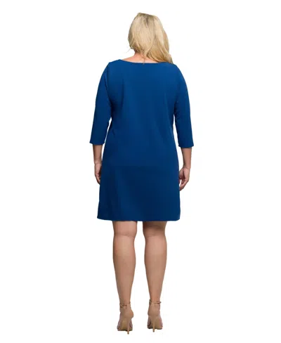 24seven Comfort Apparel Plus Size Three Quarter Sleeve A Line Knee Length Dress In Blue