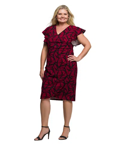 24seven Comfort Apparel Plus Size Burgundy Print Flutter Sleeve Faux Wrap Dress In Red