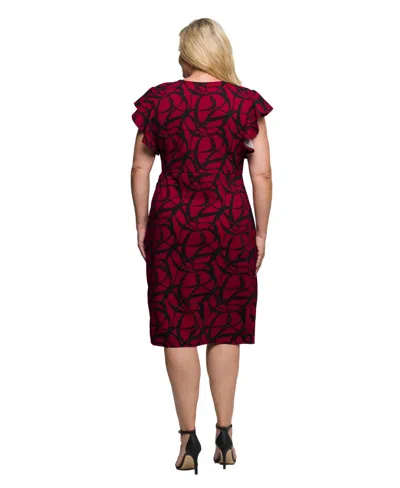 24seven Comfort Apparel Plus Size Burgundy Print Flutter Sleeve Faux Wrap Dress In Red