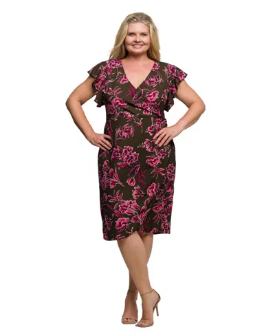 24seven Comfort Apparel Plus Size Brown And Pink Floral Flutter Sleeve Wrap Dress In Multi