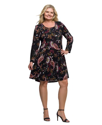 24seven Comfort Apparel Plus Size Black Paisley Print Long Sleeve Fit And Flare Dress In Multi
