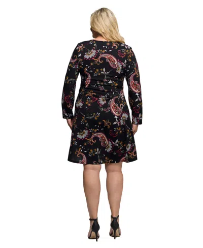24seven Comfort Apparel Plus Size Black Paisley Print Long Sleeve Fit And Flare Dress In Multi