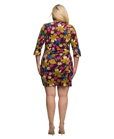 24seven Comfort Apparel Plus Size Plum Floral Print Keyhole Neckline Sheath Dress In Multi