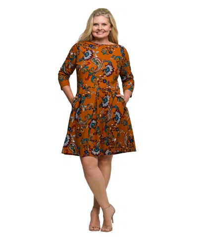 24seven Comfort Apparel Plus Size Rust Paisley Print Fit Flare Knee Length Dress In Multi