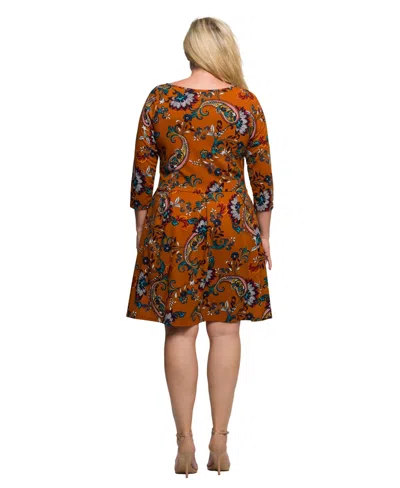 24seven Comfort Apparel Plus Size Rust Paisley Print Fit Flare Knee Length Dress In Multi