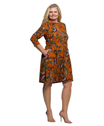 24seven Comfort Apparel Plus Size Rust Paisley Print Fit Flare Knee Length Dress In Multi