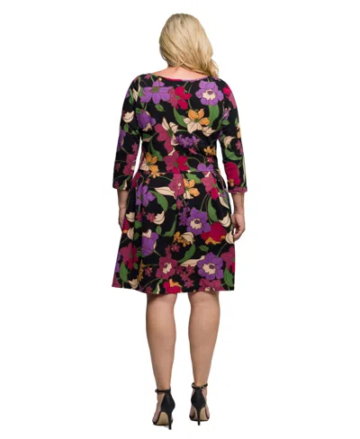 24seven Comfort Apparel Plus Size Black Multicolor Floral Fit And Flare Pocket Knee Length Dress In Multi