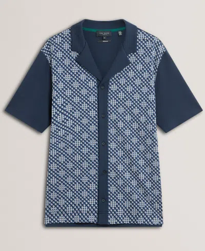 Ted Baker Danlibe Short Sleeve Argyle Button Through Jersey Shirt In Blue