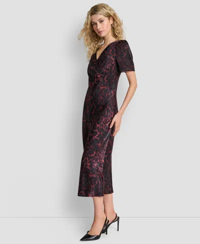 Dkny Women's Printed Supple Satin Short Sleeves Dress In Brown