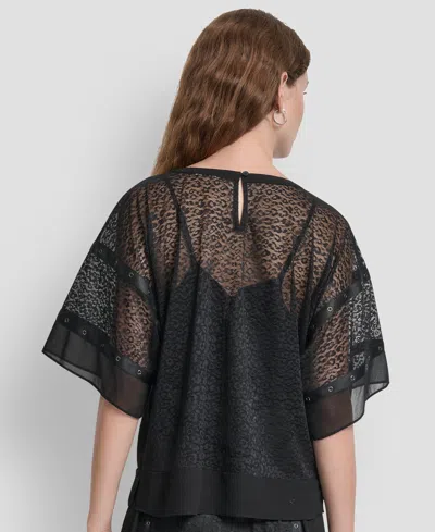 Dkny Women's Leopard Mesh Short Sleeve Flowy Box Top In Black