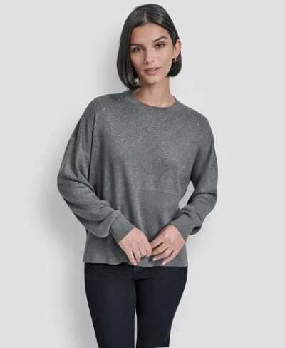 Dkny Women's Rhinestone Logo Long Line Crewneck Sweatshirt In Gray