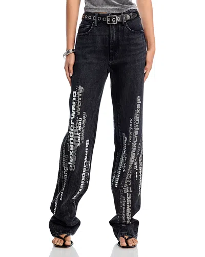 Alexander Wang T Alexanderwang. T Ez Vertical Screen Print High Rise Straight Wide Leg Jeans In Aged Grey In Black