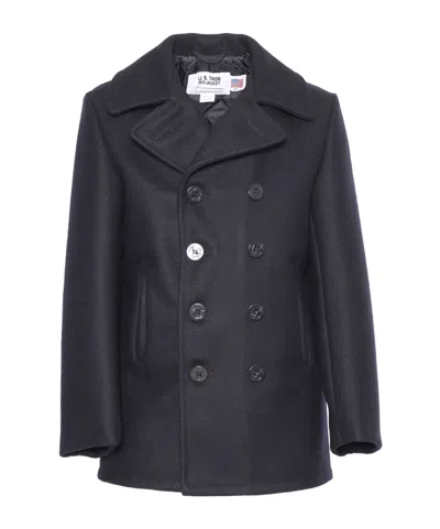 Schott N.y.c. Double-breasted Wool Jacket With Structured Collar In Black