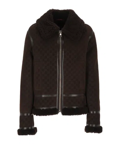 Gucci Women Brown Shearling Jacket With Shearling Trims And All-over Gg Motif In Suede Woman In Brown