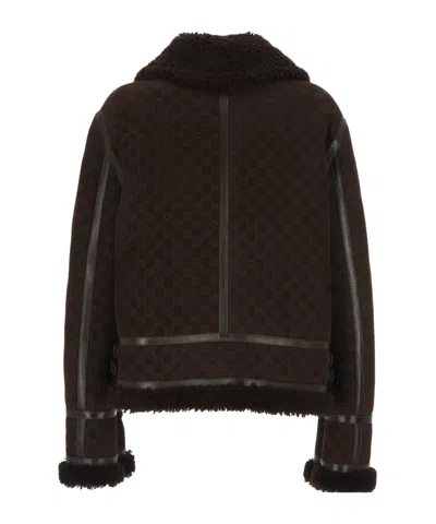 Gucci Women Brown Shearling Jacket With Shearling Trims And All-over Gg Motif In Suede Woman In Brown