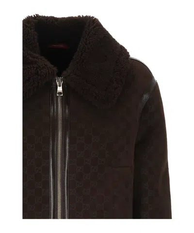 Gucci Women Brown Shearling Jacket With Shearling Trims And All-over Gg Motif In Suede Woman In Brown
