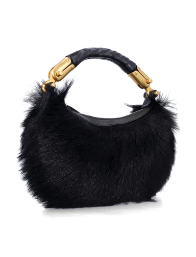 Balmain Genuine Fur Handbag With Leather Handle In Black