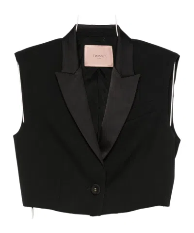 Twinset Cropped Tailored Jacket With Satin Lapels In Black