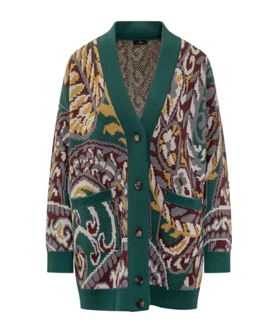 Etro Oversized Cardigan With Paisley Pattern In Green