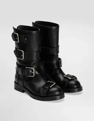Dolce & Gabbana Leather Boot With Buckles In Black