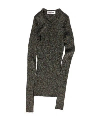 Miu Miu Lurex V-neck Sweater In Gray