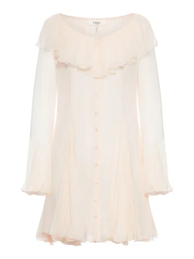 Chloé Flared Mini Dress With Ruffles In Neutral